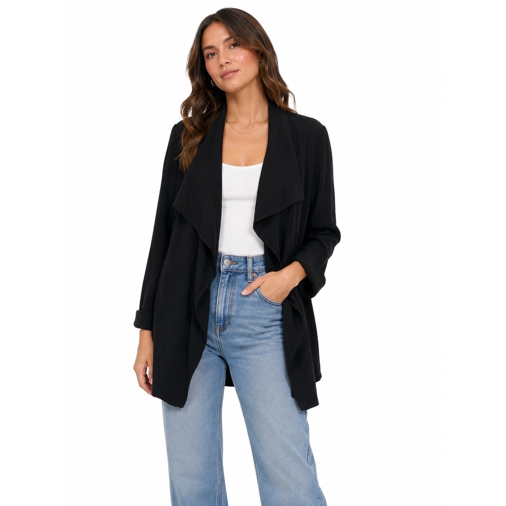 Cabi‎ Open Front Cardigan Womens Small Black Waterfall Drape Longline Layering